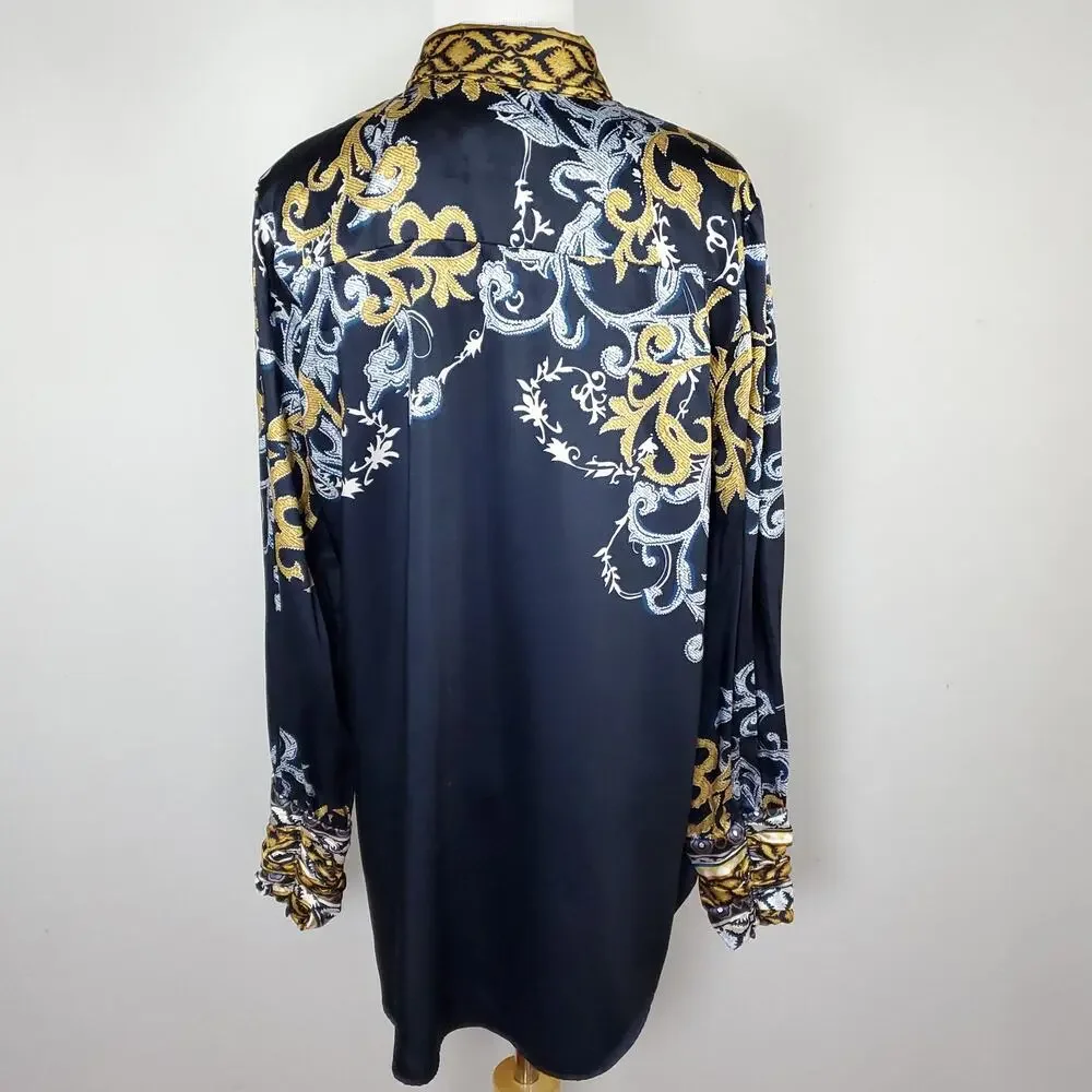 Chico’s Sz 1 Ruched Cuff Placed Print Tunic Top Button Down Chicos Sz M / 8 - Picture 11 of 16